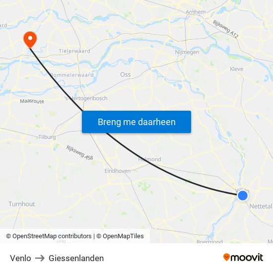 Venlo to Giessenlanden map