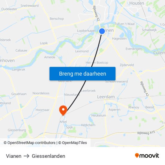 Vianen to Giessenlanden map