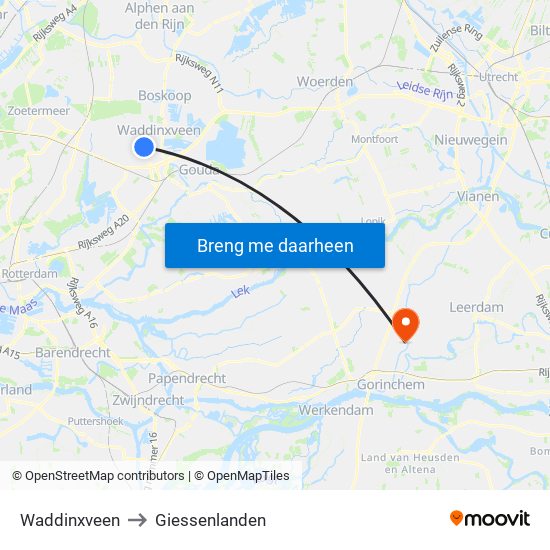 Waddinxveen to Giessenlanden map