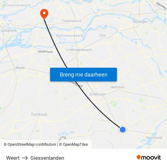 Weert to Giessenlanden map