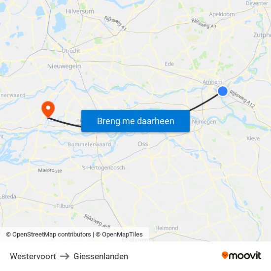 Westervoort to Giessenlanden map