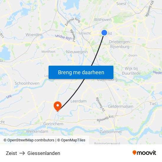 Zeist to Giessenlanden map