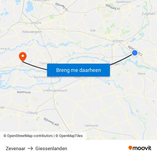 Zevenaar to Giessenlanden map