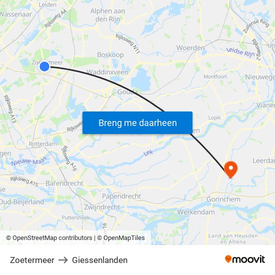 Zoetermeer to Giessenlanden map