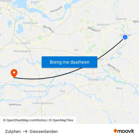 Zutphen to Giessenlanden map