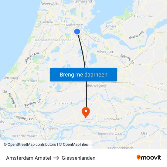 Amsterdam Amstel to Giessenlanden map