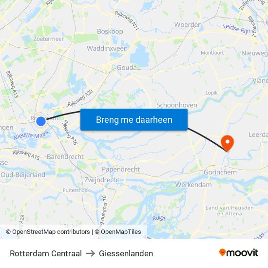 Rotterdam Centraal to Giessenlanden map
