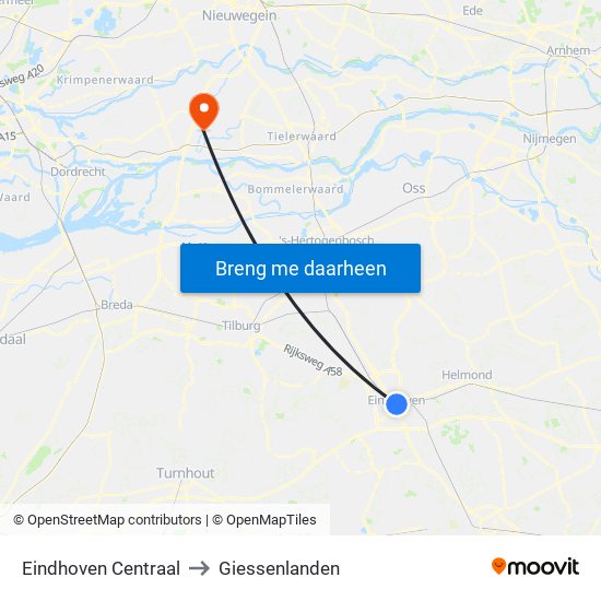 Eindhoven Centraal to Giessenlanden map