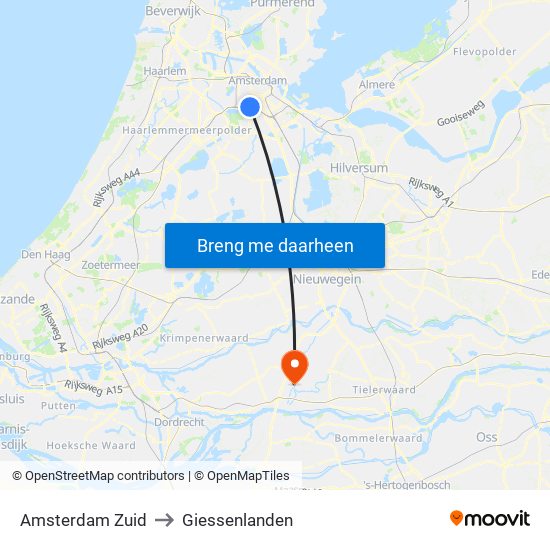 Amsterdam Zuid to Giessenlanden map