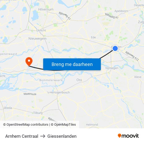 Arnhem Centraal to Giessenlanden map