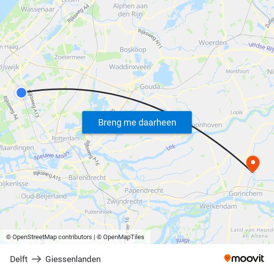 Delft to Giessenlanden map