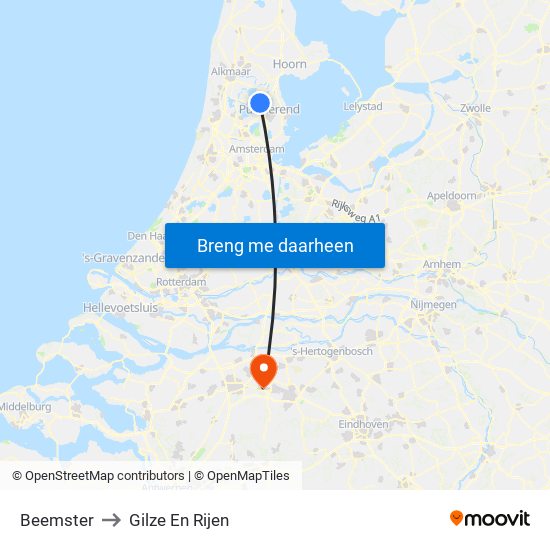 Beemster to Gilze En Rijen map