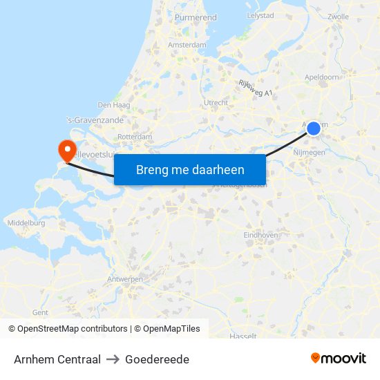 Arnhem Centraal to Goedereede map