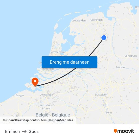 Emmen to Goes map