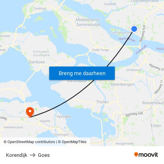 Korendijk to Goes map