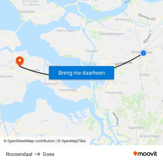 Roosendaal to Goes map