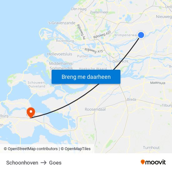 Schoonhoven to Goes map