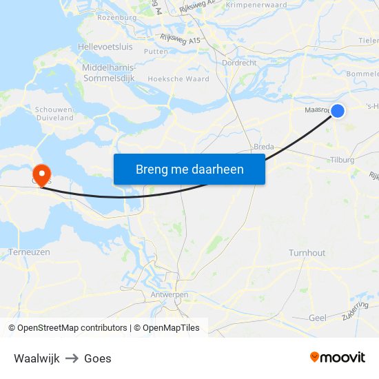 Waalwijk to Goes map