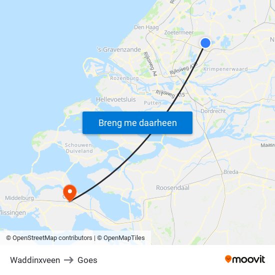 Waddinxveen to Goes map