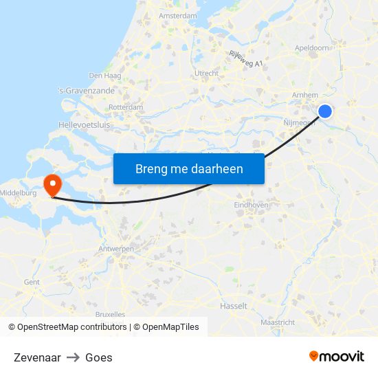 Zevenaar to Goes map