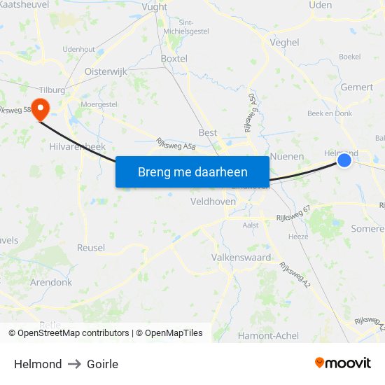 Helmond to Goirle map