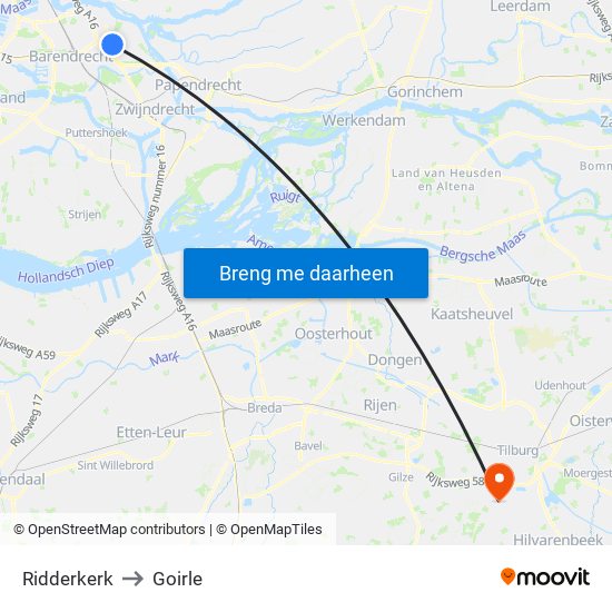 Ridderkerk to Goirle map
