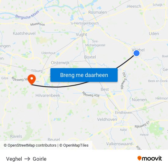 Veghel to Goirle map