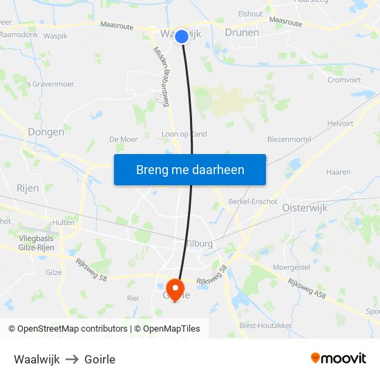 Waalwijk to Goirle map