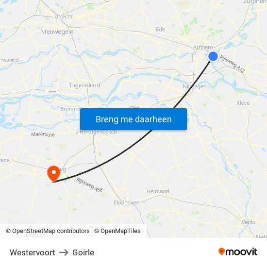 Westervoort to Goirle map
