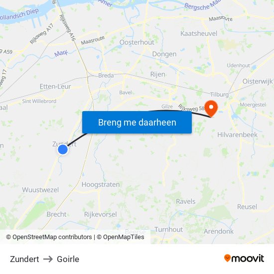 Zundert to Goirle map