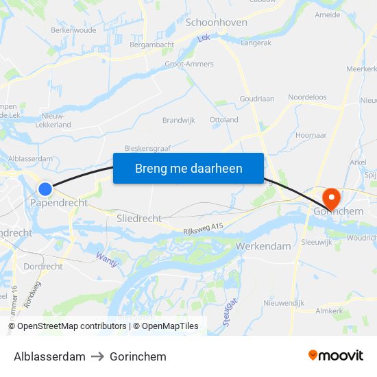 Alblasserdam to Gorinchem map