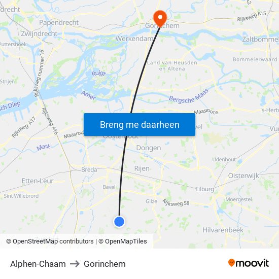 Alphen-Chaam to Gorinchem map