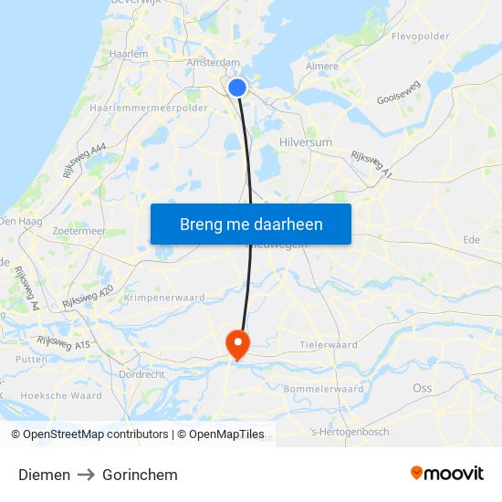 Diemen to Gorinchem map