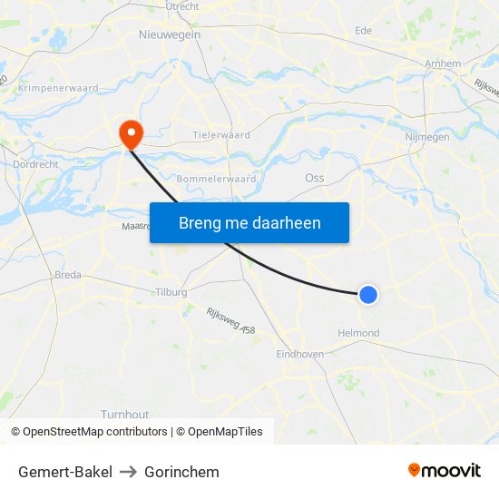 Gemert-Bakel to Gorinchem map