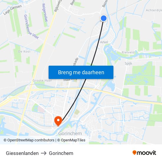 Giessenlanden to Gorinchem map