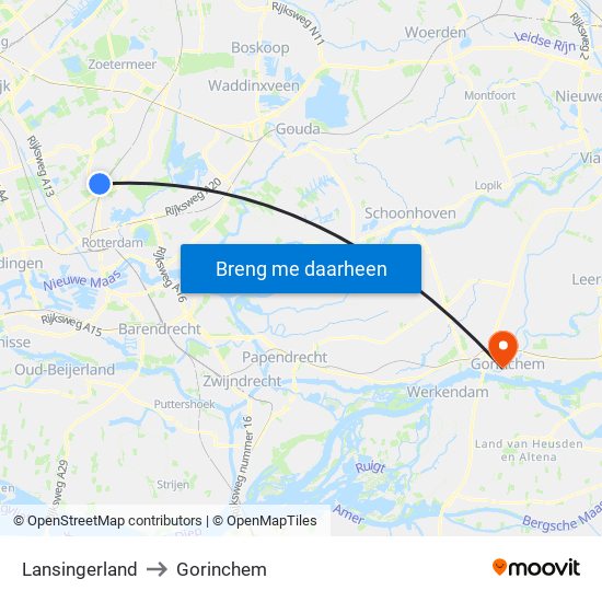 Lansingerland to Gorinchem map