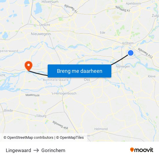 Lingewaard to Gorinchem map