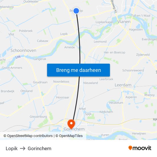 Lopik to Gorinchem map