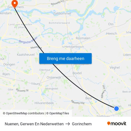 Nuenen, Gerwen En Nederwetten to Gorinchem map