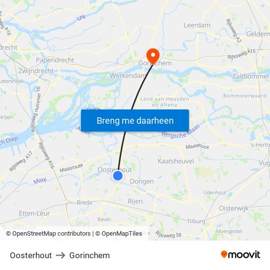 Oosterhout to Gorinchem map