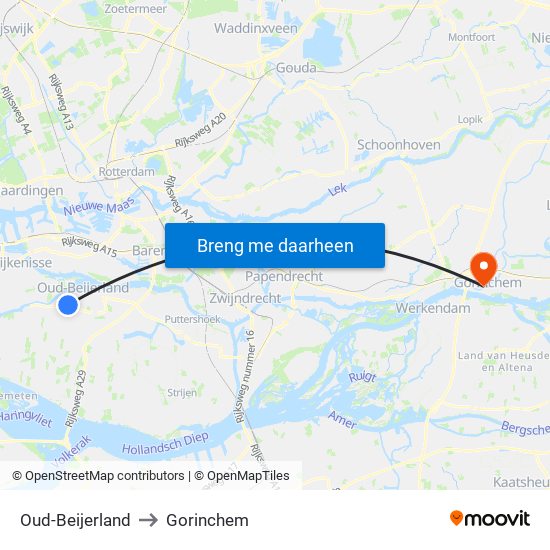 Oud-Beijerland to Gorinchem map