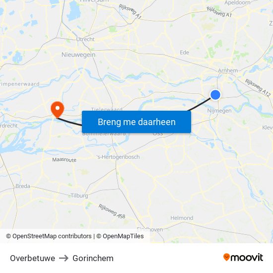 Overbetuwe to Gorinchem map
