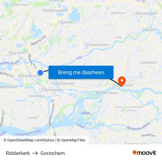 Ridderkerk to Gorinchem map