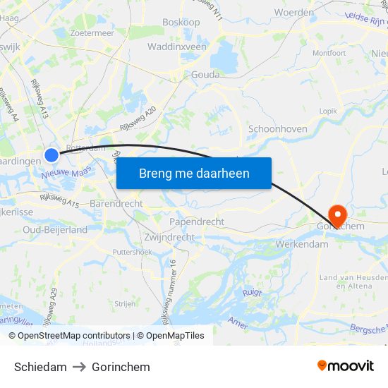 Schiedam to Gorinchem map