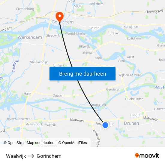 Waalwijk to Gorinchem map