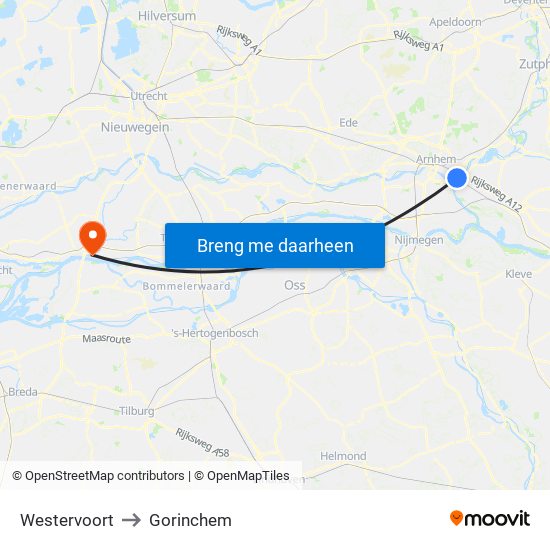 Westervoort to Gorinchem map