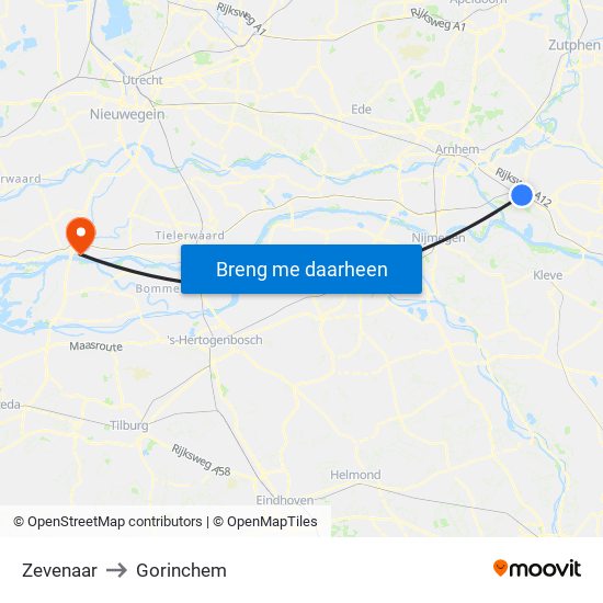 Zevenaar to Gorinchem map