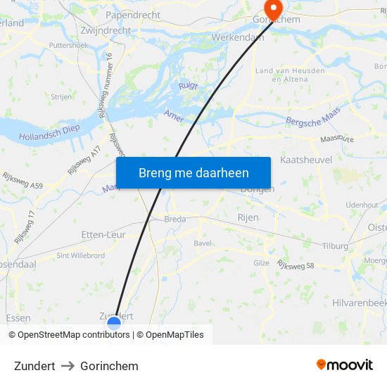 Zundert to Gorinchem map