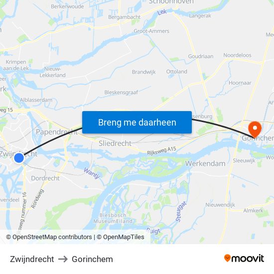 Zwijndrecht to Gorinchem map