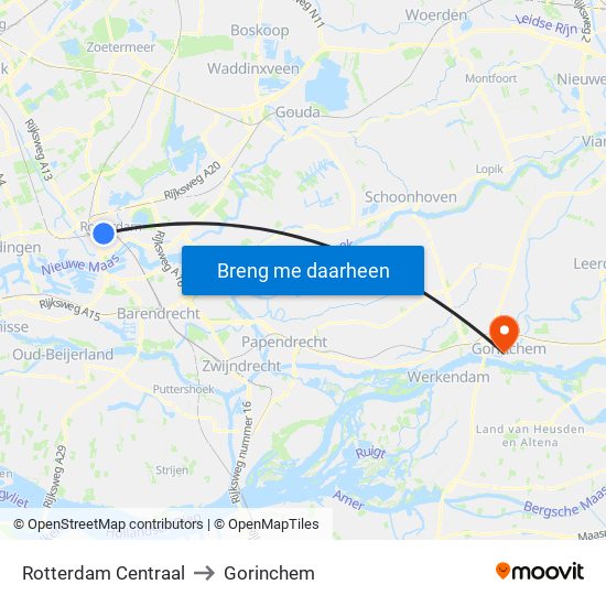 Rotterdam Centraal to Gorinchem map